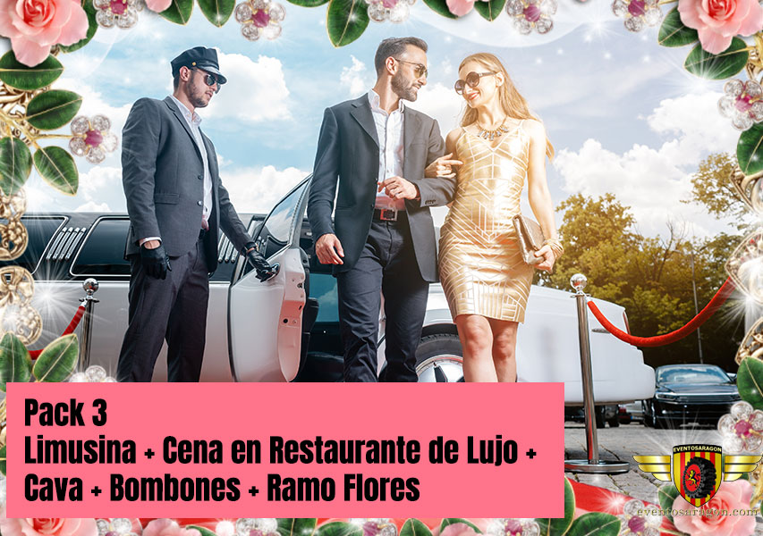 Enamorados Pack 3 : Limusina 1 hora en Zaragoza + Cena de Lujo + 2 Botellas Cava + Bombones y Flores